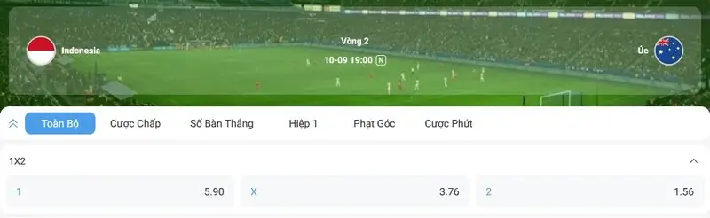 Ví dụ về kèo Châu Âu giữa Indonesia vs Úc tại 8xbet68